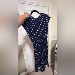 Navy blue polka dot midi dress with pleated skirt & belt loops - fits many